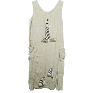 Click by Color Me Cotton Vintage Linen Lighthouse Sailboat Maxi Shift Dress Sz M